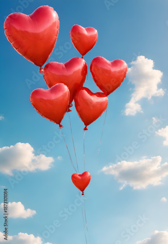 Valentines day. Heart shaped balloons floating in the sky.