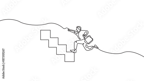 Continuous line businessman climbing stairs vector illustration, career growth and business success concept