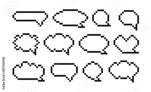 Set of speech bubbles in pixel style. Empty text messages in cartoon style.