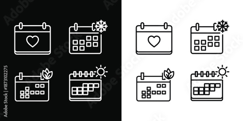 Seasonal calendar icons set with weather and heart symbols art