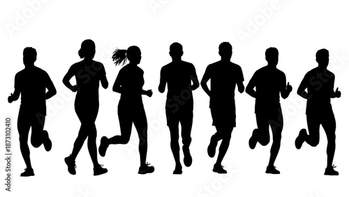 Group of diverse male and female runners black silhouette collection jogging together outdoors fitness activity healthy lifestyle and physical exercise concept isolated on white background