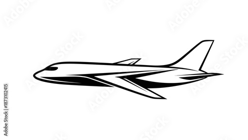 Black and white stylized side view silhouette of modern passenger jet plane or corporate business private aircraft flying through air abstract aviation travel and transportation concept design element