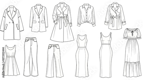 Collection of fashion flat technical sketches illustrating diverse women garments including double breasted coats trench coats button up shirts denim trousers 