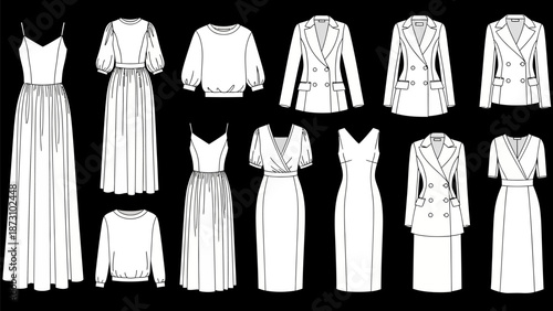 Set of women fashion clothes apparel garment technical drawings vector collection flat template sketches design including dresses tops blazers and 