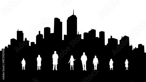 Black and white silhouette cityscape with prominent modern skyscrapers against white background and small group of diverse business professionals standing below
