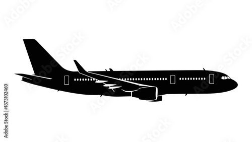 Black silhouette of a commercial passenger airplane in flight side view showing detailed wings engines and fuselage isolated on white background travel and aviation concept