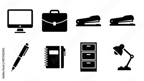 Collection of various black silhouette office supplies and equipment includes computer briefcase staplers pen notebook cabinet and desk lamp business productivity and workplace organization icons