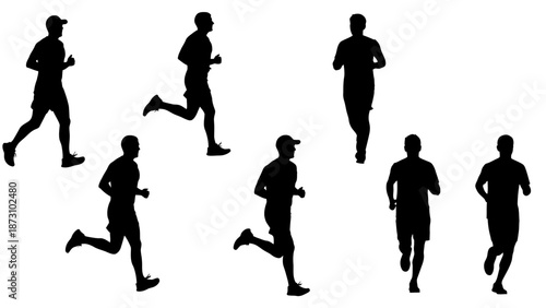 Group of seven male runners silhouettes in various jogging and running poses showing full body side and front views in athletic motion vector figures