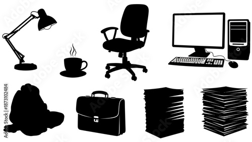 Business workflow elements icon set minimalist black silhouettes representing essential office objects including adjustable desk lamp comfortable 