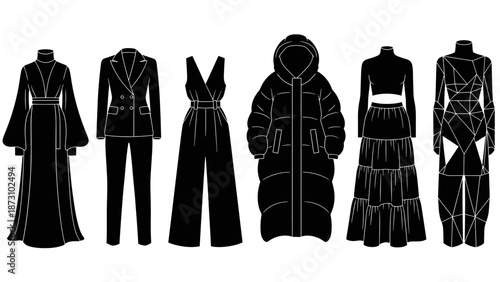 Set of black silhouettes showcasing various fashionable women's garments including maxi dress suit jumpsuit puffer coat crop top skirt and geometric abstract outfit