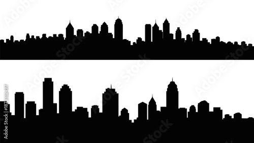 Urban cityscape silhouettes set featuring two distinct layers of dense tall buildings skyscrapers and commercial structures creating panoramic background views of metropolitan development