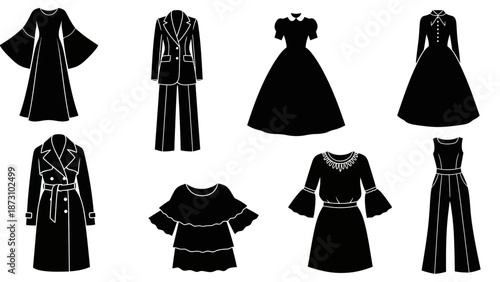 Women fashion apparel silhouettes collection encompassing diverse styles of elegant long dresses formal suits ruffled mini dresses trench coats 