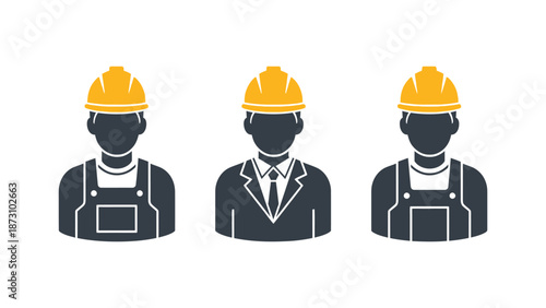 Graphic illustration of three industrial workers wearing safety hard hats