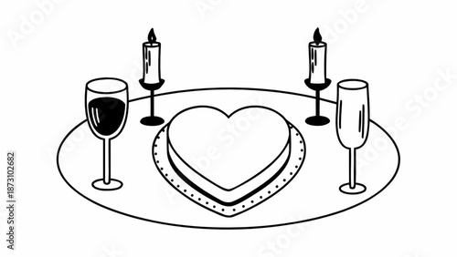 A romantic dinner setting with a heart-shaped cake, two wine glasses, and candles on a plate