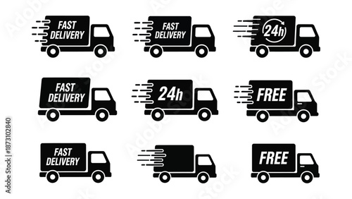 Collection of black and white vector icons depicting commercial delivery trucks
