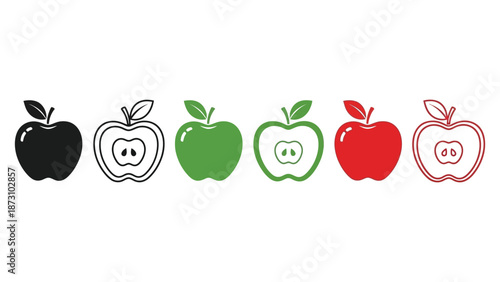 Collection of six stylized apple icons showing whole and cross-section views in different colors