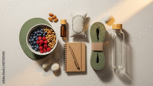 Healthy Lifestyle Flat Lay with Berries, Nuts, Journal, and Water Bottle.