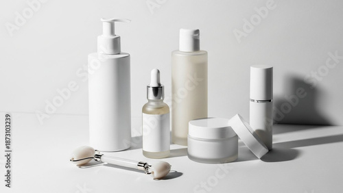 Collection of White Skincare Products and Beauty Tools on a White Background.