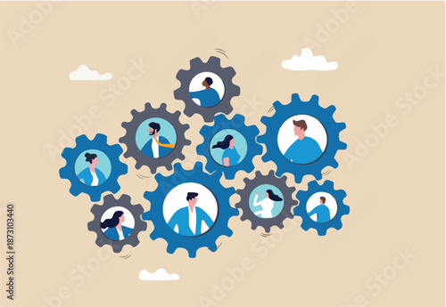 Team or organization, office role or job position or skills to drive company, teamwork or collaboration for success, team effort concept, business people working to rotate connected cogwheels gear