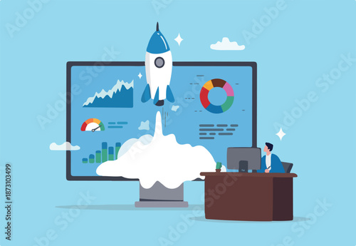 Start online business, website analytics, building internet e-commerce, marketing optimization dashboard chart diagram, smart online strategy, businessman working with computer launch website rocket. 