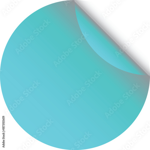 Teal colored sticker with peeled corner on white background