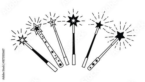 Collection of six stylized black and white magic wand icons with star and sparkle designs