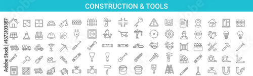 Construction and tools line icons set featuring building equipment, repair instruments, industrial symbols, engineering tools, maintenance elements for web, app, infographic