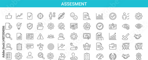 Assessment concept banner with business and management line icons set, evaluation analytics symbols, performance review, quality control, audit process, strategy planning, flat outline design