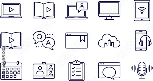 Online Education and Digital Communication Icon Set with Video Lessons, Webinar, Q&A Chat, Cloud Learning, Podcast, Calendar, Checklist and Virtual Meeting.