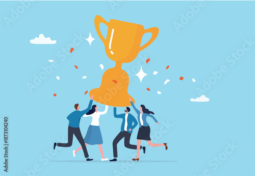 Team success achievement, winning trophy award together, celebrate team effort collaboration, teamwork motivation, ambition concept, business people colleague celebrate award winning troph