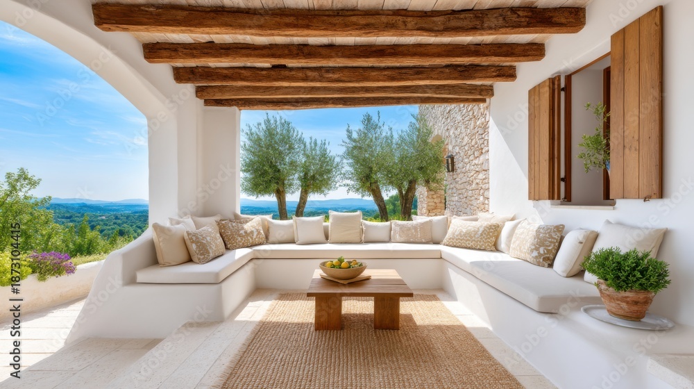 Obraz premium Mediterranean style covered terrace living area, built in masonry seating with thick linen cushions, rustic wooden beams on ceiling, view of olive trees