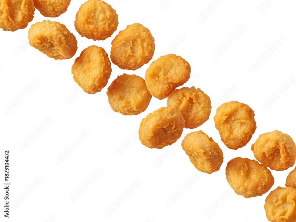 Fototapeta premium Golden fried chicken nuggets arranged in a diagonal line isolated on white background