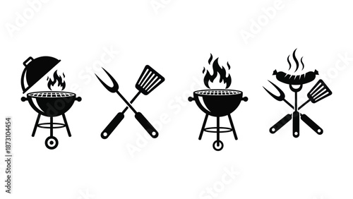 Collection of black silhouette icons representing barbecue grilling equipment and cooking stages
