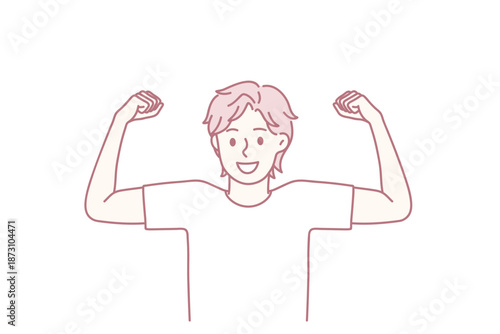 Strength and showing power concept. Smiling positive boy wearing white t-shirt standing and showing strong sport biceps feeling cheerful vector illustration