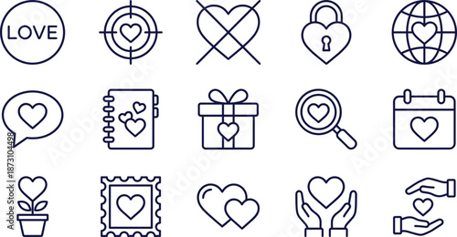 Comprehensive Icon Set Featuring Financial Technology, Cloud Computing Data Infrastructure, Legal Compliance, Business Analytics, Heart Relationship Symbols and Secure Digital Transactions.