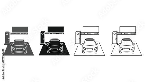 Collection of four icon styles illustrating a vehicle approaching an automated parking barrier gate