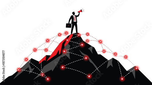 Businessman standing on a mountain peak using a megaphone to broadcast a network message