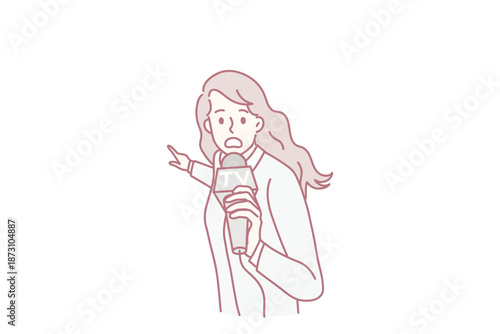 Journalism and breaking news concept. Surprised woman journalist standing holding microphone pointing with finger at place of news looking at camera vector illustration