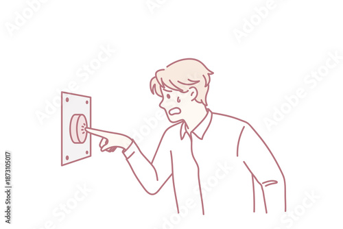 Emergency button and sos concept. Stressed man office worker standing pushing red emergency button for calling vector illustration