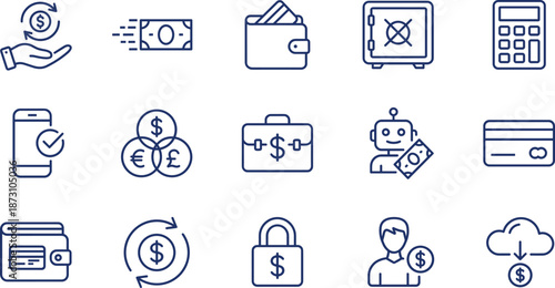 Banking Finance and Fintech Icon Set with Digital Payment, Currency Exchange, Secure Wallet, Investment Planning, Online Banking, Money Transfer and Savings.