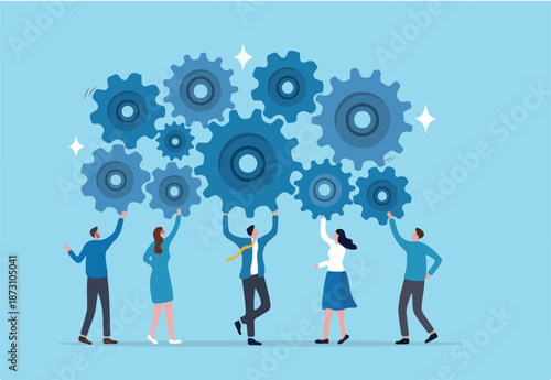 Employee engagement, teamwork collaboration or team strategy working together, partnership, community to help organization success concept, businessman colleagues help connect cogwheel gear together