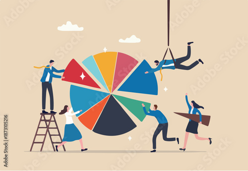 Employee participation, partnership or collaboration to success, teamwork or team effort for business development, statistic or analytics concept, business people colleagues help building pie chart.