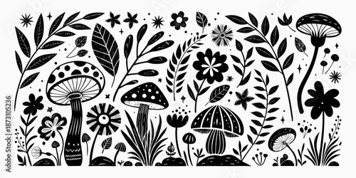 A whimsical black and white illustration of mushrooms flowers and leafy branches
