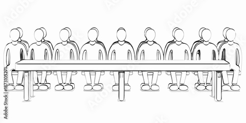 A group of people seated around a rectangular table in a simple illustration