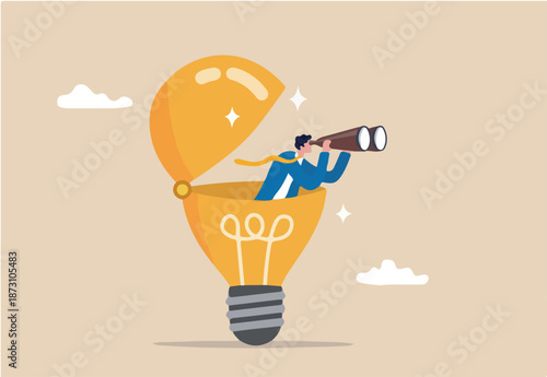 Creativity to help see business opportunity, vision to discover new solution or idea, curiosity, searching for success concept, businessman open lightbulb idea using binoculars to see business vision
