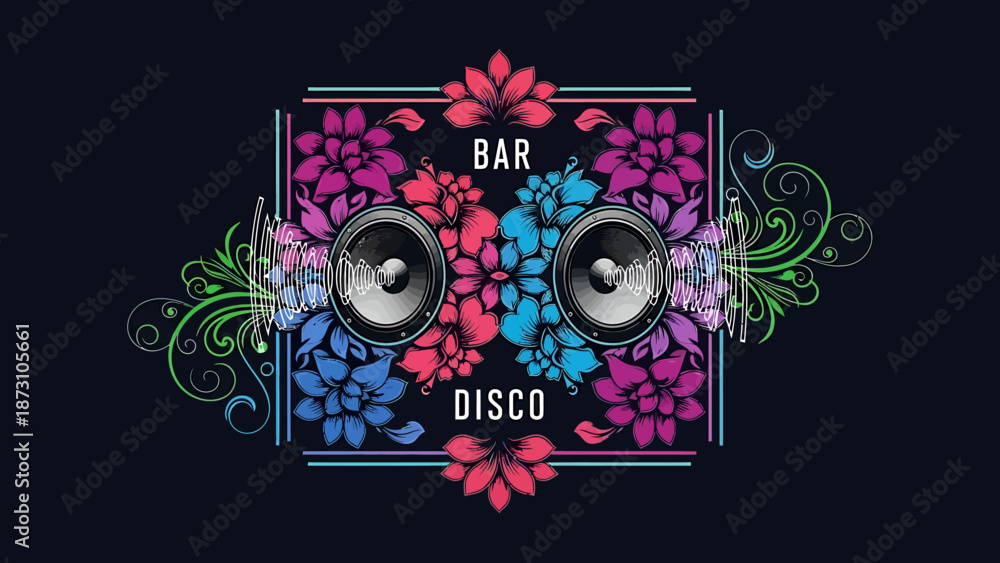 Obraz premium Vibrant floral design with powerful audio speakers, creating a captivating emblem for lively nightlife venues, discos, and entertainment events
