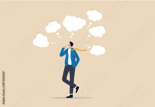 Too many thinking ideas, overwhelmed issues or busy problem to be solved, contemplation solutions for troble, concerned or anxiety concept, businessman thinking with many thinking bubbles