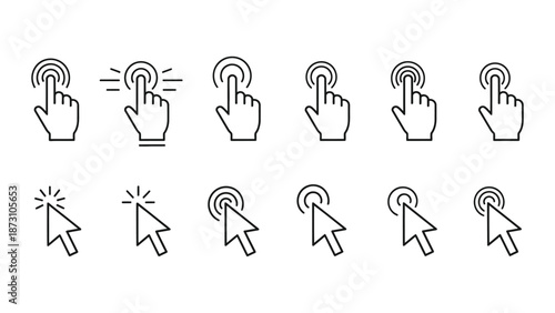 Collection of line art icons depicting digital interaction elements such as hand pointers and cursor clicks