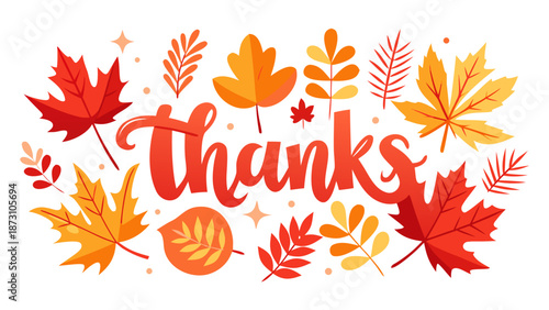 Vector illustration of Autumn 'Thanks' lettering surrounded by vibrant red maple leaves on clean white background