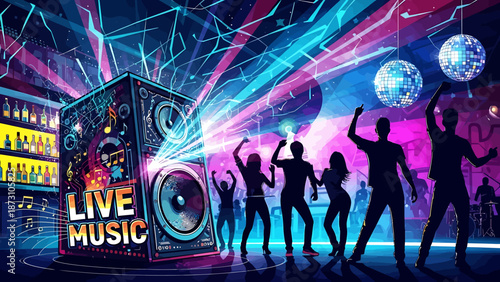 Energetic crowd dancing and enjoying live music at a vibrant concert venue with disco balls and colorful lighting